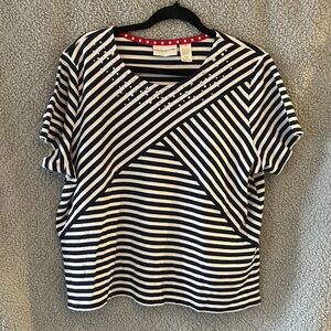 Alfred Dunner Navy and White Diagonal Striped Short Sleeve Top